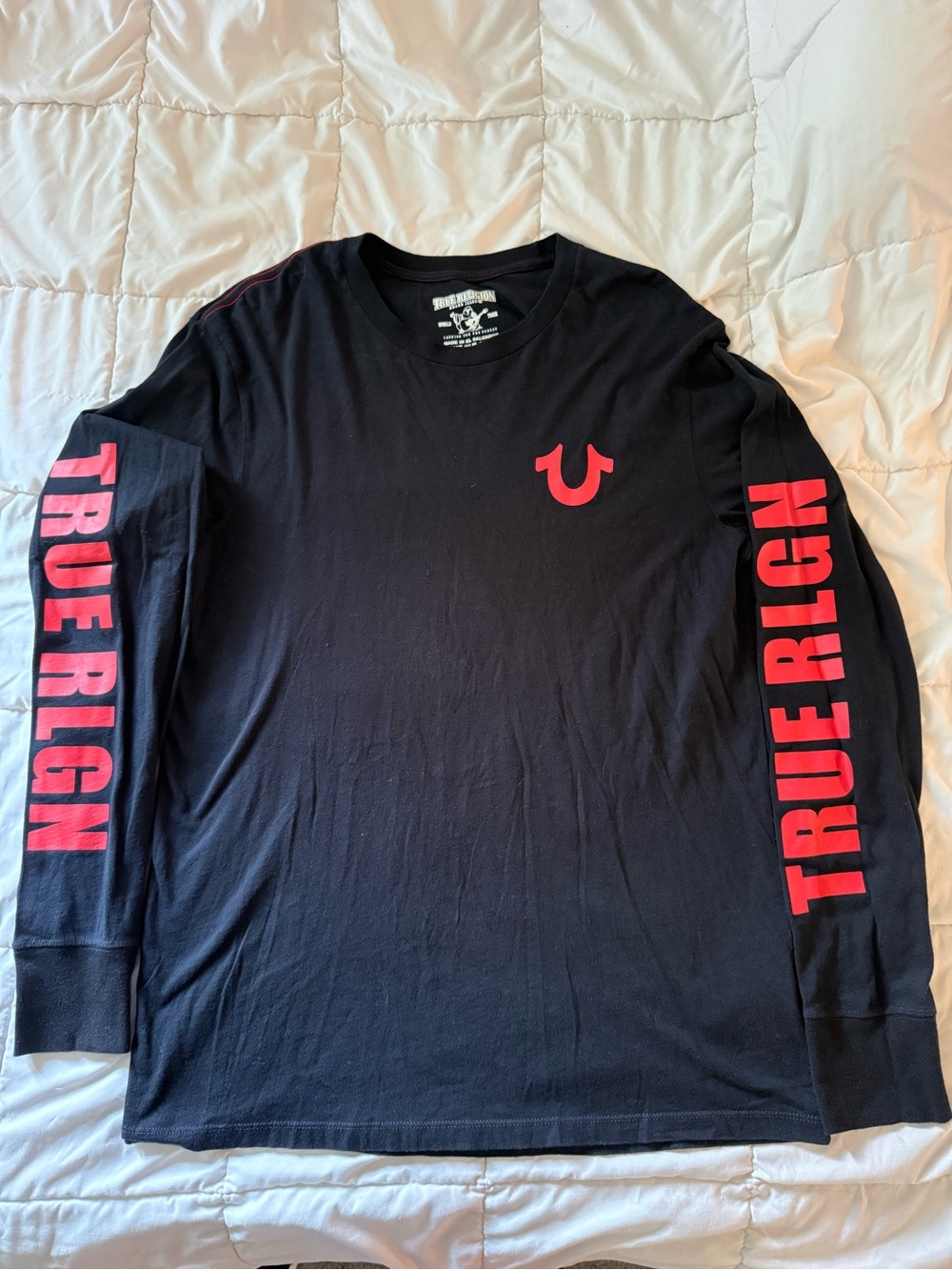 True Religion Black Long Sleeve Tee with Red Logo and Sleeve Text